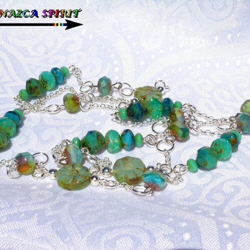 Collier sautoir bohème / bijou artisanal / chaîne plaqué argent / perles soleils cristal vert opale / perles cristal de bohème bleu-vert