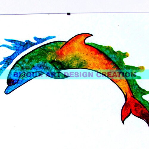 Grand tableau peinture artistique sur verre fait main dauphin bohème 21 cm x 30 cm