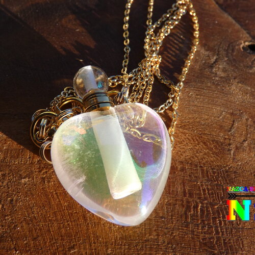 Sautoir pendentif coeur flacon de parfum cristal de roche angel aura, bijou pierre fine naturelle 3.7 cm, contenance 5 ml, vendu avec chaîne