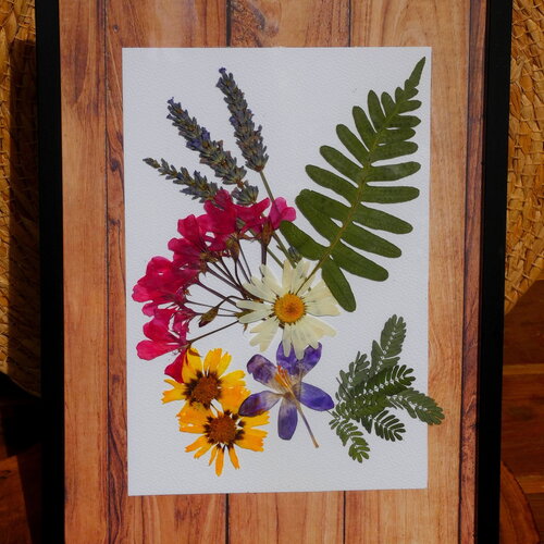 Cadre rectangulaire composition de fleurs séchées naturelles été 2021 - décoration florale d'intérieure multicolore - objet décoratif fêtes