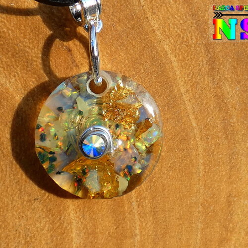 Collier ajustable pendentif en orgonite - bijou energétique opales welo améthyste feuille or 18k - fil cuivre plaqué argent et hologrammes