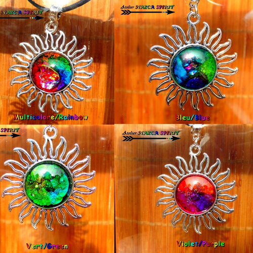 Collier réglable suédine noir et pendentif soleil inca plaqué argent cabochon coloration artisanale nazca spirit multicolore iridescent