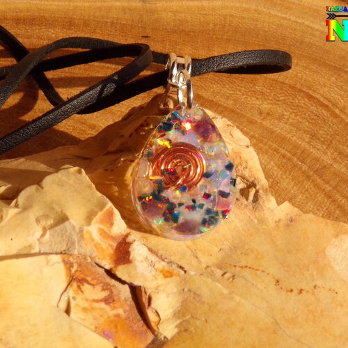 Collier ajustable pendentif goutte orgonite de 4 cm (&quot;1.57) de long-bijou energétique pierre fines et précieuses-fil  cuivre et hologrammes