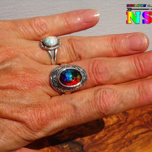 Bague ajustable argent thaï et cabochon en verre coloration artisanale multicolore iridescent -bague ciselée motifs arabesques -bijou bohème