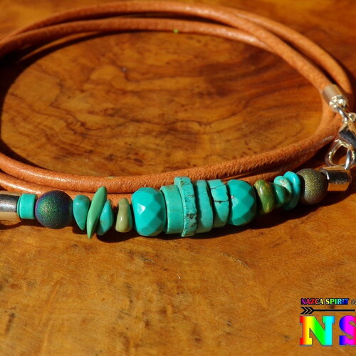 Bracelet ethnique ajustable multi rangs, bracelet cuir et turquoises ithaca, turquoises sleeping beauty, perles agate géode titane