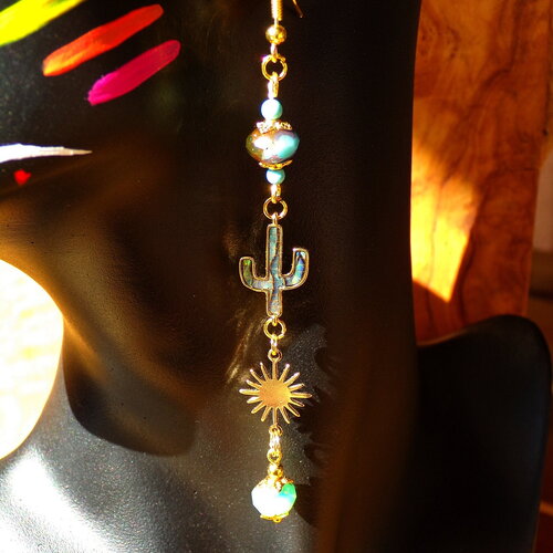 Pendants d'oreilles de 10 cm (&quot;3.93) de long,  cactus nacre paua et soleils plaqué or 18k, cristal bohème colorado, turquoises naturelles