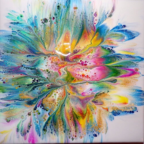 Peinture abstraite toile coton châssis carré 20 cm (&quot;7.87) / peinture moderne / explosion de couleurs / multicolore or et iridescent