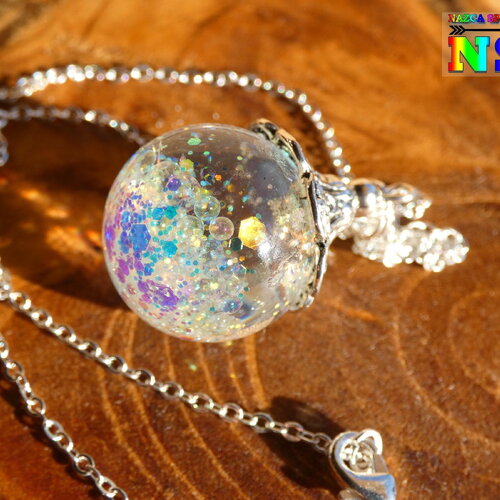 Collier chaîne argent 925, pendentif orbe magique, bijou de fée lumineux, sphère féérique iridescente, idée cadeau fête des mères