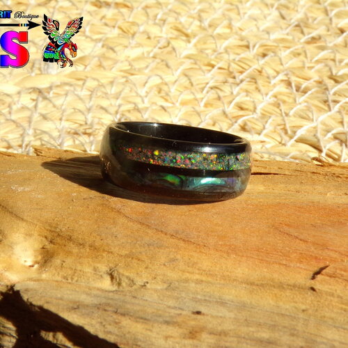 Anneau alliance bohème carbure de tungstène noir opales multicolores incrustée et nacre paua- bague précieuse mariage fiançaille - fr57- us8