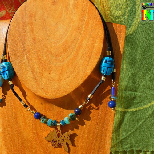 Collier egyptien ajustable pendentif dieux bastet et anubis plaqué or 18k - bijou fait main scarabées turquoise et lapis lazuli d'egypte