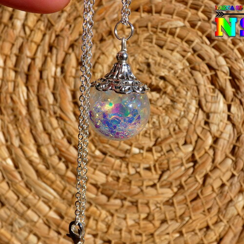 Collier chaîne argent 925, pendentif orbe magique, bijou de fée lumineux, sphère féérique iridescente, bijou luminescent la nuit
