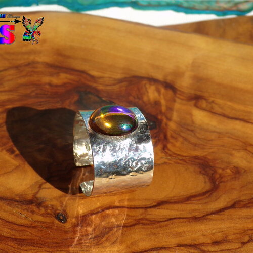 Bague ajustable anneau large en argent 925 - argent sterling t57-us8 - bague ethnique argent martelé et cristal autrichien aurore boréale