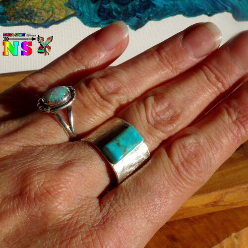 Bague ajustable anneau large argent sterling - bague turquoise sleeping beauty - alliance artisanale  fait main - bijou précieux argent
