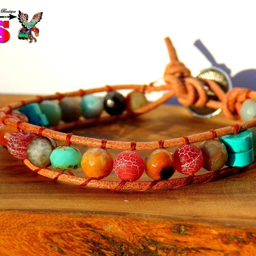 Bracelet zen boho bohème - bracelet en cuir naturel - perles pierres fines naturelles -turquoises us - agate veine dragon -amazonite