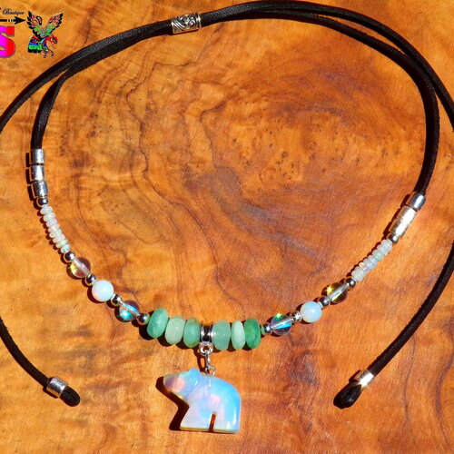 Collier ethnique précieux ajustable -  pendentif ours tribal en opaline - perles opales vertes du pérou - perles opales éthiopie
