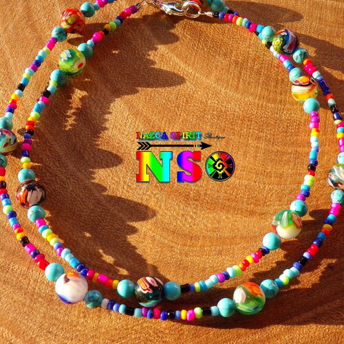 Collier tribal africain fait main 55 cm (&quot;21.65) de long - perles de rocaille en verre - perles rondes verre de venise milfiori multicolore