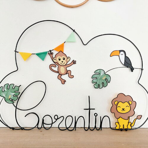 Prénom nuage personnalisable en fil de fer - king of the jungle - lion, toucan, singe, guirlande de fanions et feuilles de monstera