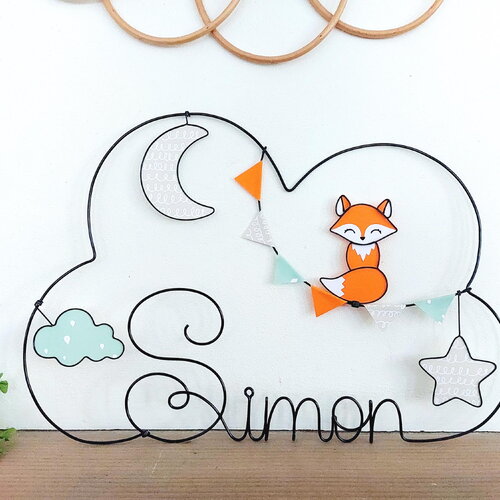 Prénom nuage personnalisable en fil de fer - foxy le renard - guirlande de fanions, étoile, lune et nuage