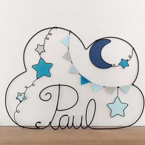 Prénom nuage personnalisable en fil de fer - ciel étoilé - guirlande de fanions, étoiles et lune