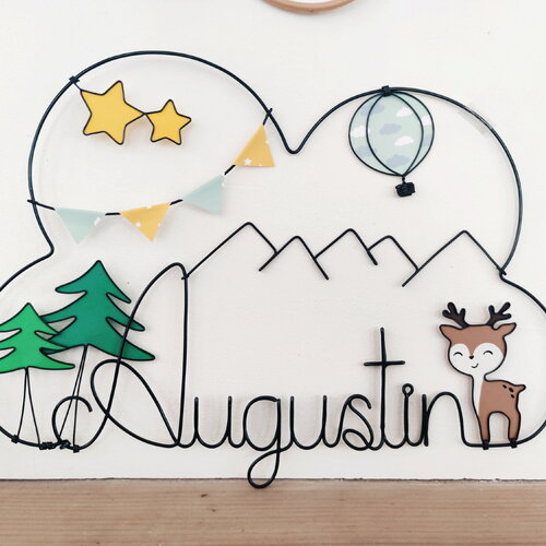 Prénom nuage personnalisable en fil de fer - montagne - cerf, sapins, montgolfière, montagnes, étoiles et guirlande de fanions