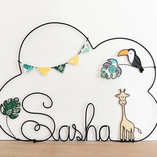 Prénom nuage personnalisable en fil de fer - little jungle - girafe, toucan, guirlande de fanions et feuilles de monstera