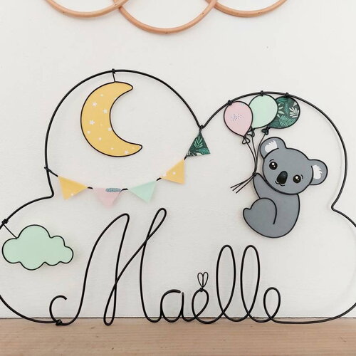 Prénom nuage personnalisable en fil de fer - koala, ballons, guirlande de fanions, lune et nuage