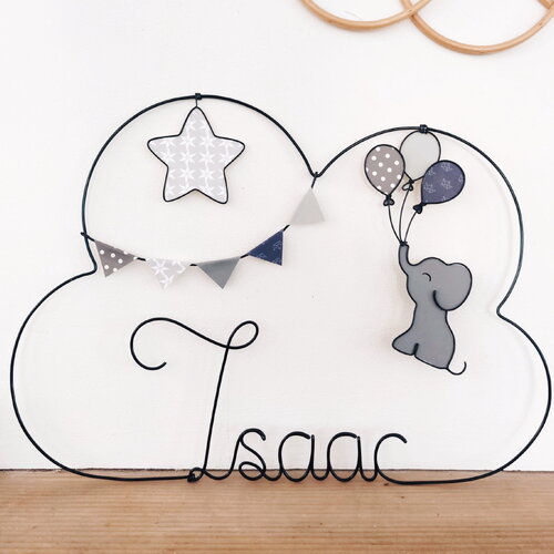 Prénom nuage personnalisable en fil de fer - éléphant, ballons et guirlande de fanions et étoile