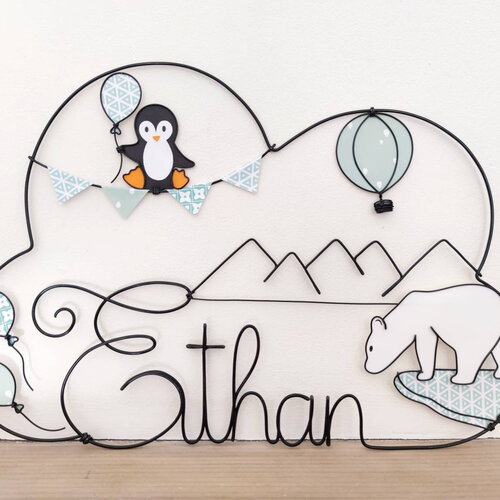 Prénom nuage personnalisable en fil de fer - banquise - ours polaire, pingouin, montgolfière, montagnes, guirlande de fanions et ballons