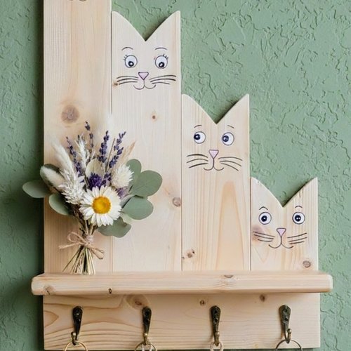 Décor mural porte-clés famille chats en pin