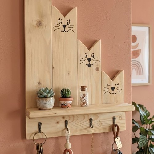 Décor mural porte-clés famille chats en pin