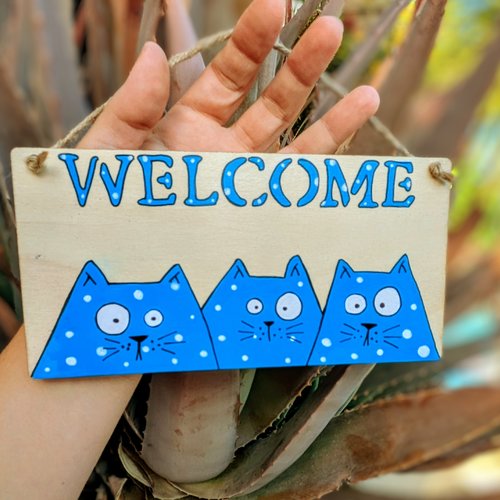 Pancarte en bois trio de chats bleu