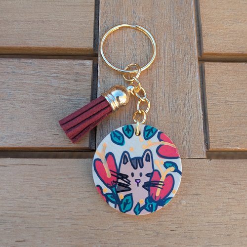 Porte-clés en bois et acier inoxydable doré chat marron fleuri