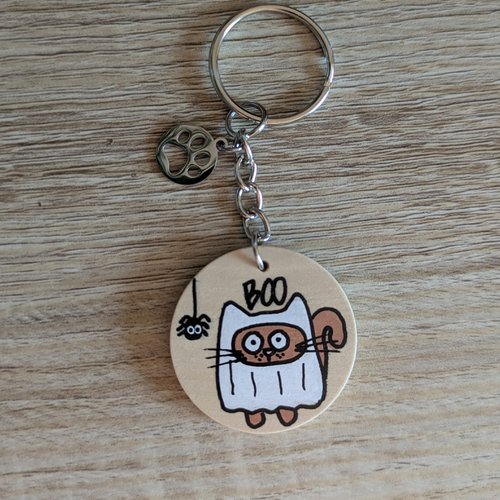 Porte-clés en bois et acier inoxydable argenté chat boo