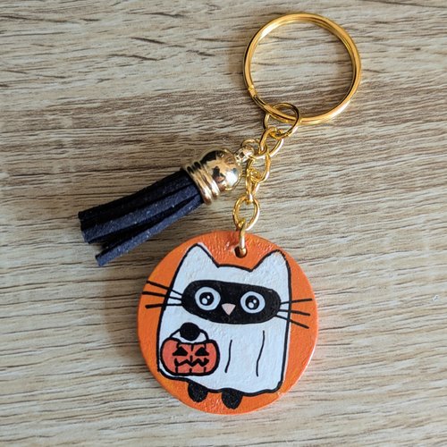 Porte-clés en bois et acier inoxydable doré chat citrouille halloween