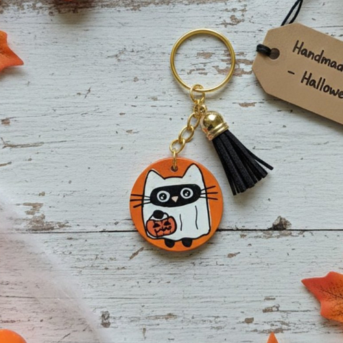 Porte-clés en bois et acier inoxydable doré chat citrouille halloween
