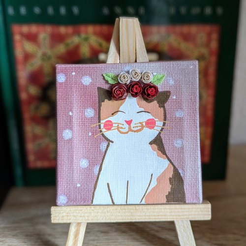 Mini toile sur chevalet en bois chat isabelle couronne fleurie