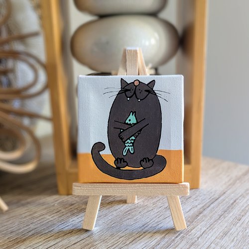 Mini toile sur chevalet en bois chat poisson d'avril
