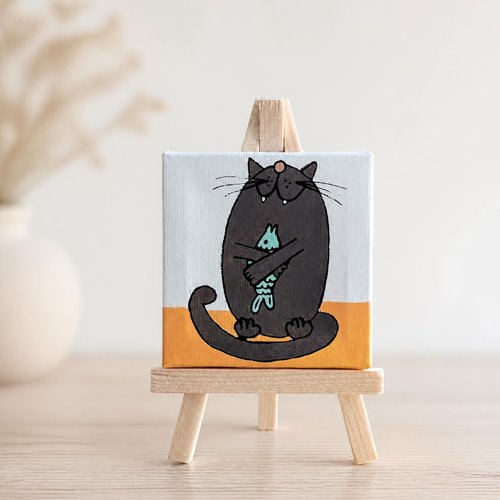 Mini toile sur chevalet en bois chat poisson d'avril