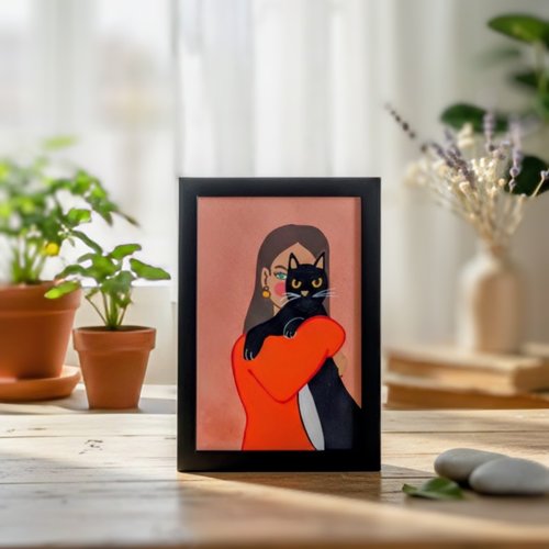 Cadre décoratif illustration chat noir & blanc et fille aux yeux verts