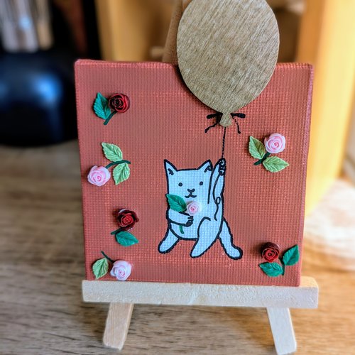Mini toile sur chevalet en bois chat ballon