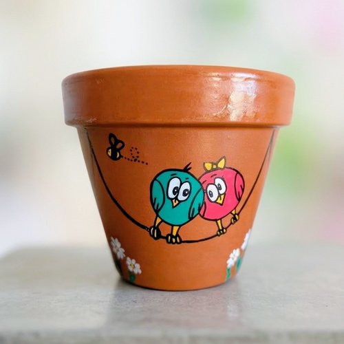 Pot en terre cuite  illustration fait-main famille oiseaux