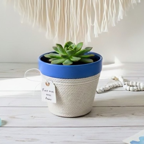 Pot en terre cuite tissé bleu