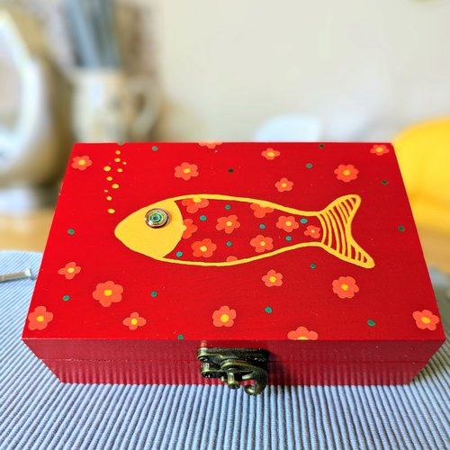 Boîte en bois poisson fleuri