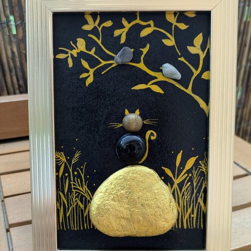 Cadre décoratif chat noir & arbre doré