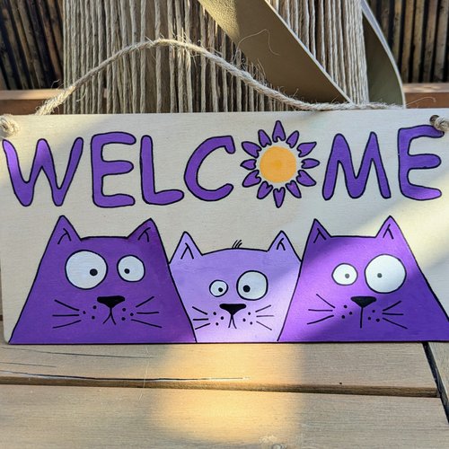 Pancarte en bois trio de chats violets