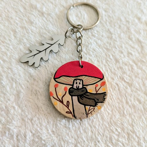 Porte-clés en bois et acier inoxydable argenté champignon