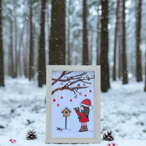 Cadre décoratif illustration petite fille aux oiseaux