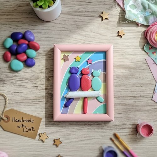 Mini cadre rose chats arc-en-ciel en galets