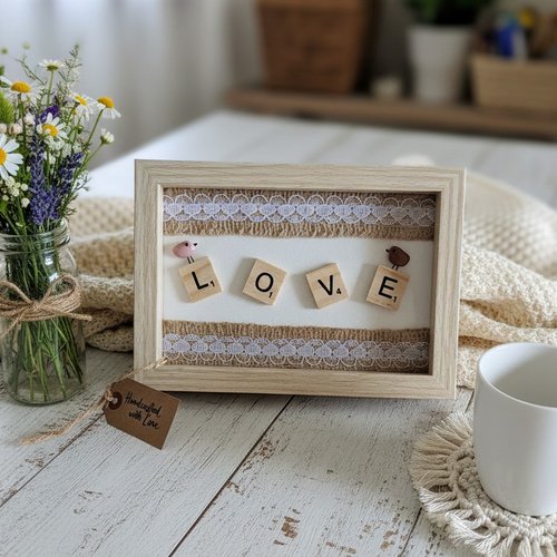 Cadre décoratif love bois & pierre naturelle