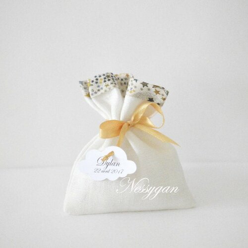 Pochon pour dragées en lin blanc et liberty adelajda étoile or - contenant baptême, mariage